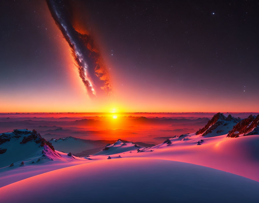 Vivid sunrise over snow-covered mountains with celestial body in surreal scene