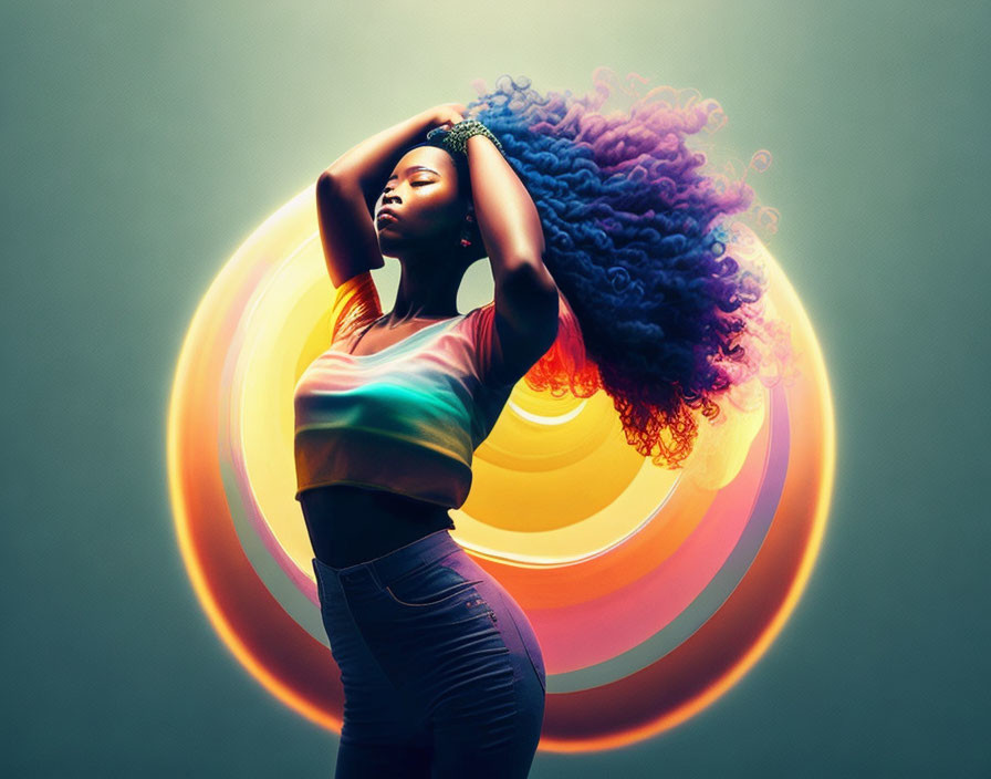 Woman with Voluminous Curly Blue Hair in Confident Pose against Glowing Rings