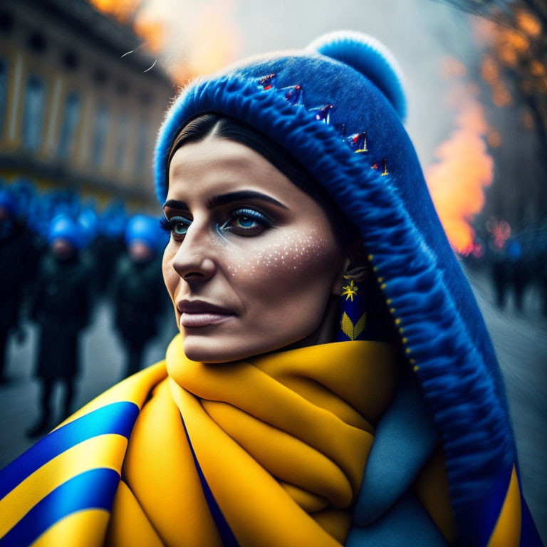 Woman with Striking Eyes in Blue Hat and Yellow Scarf with Glitter Makeup