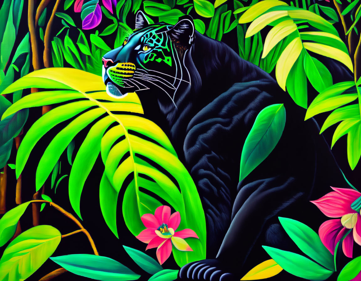 Colorful jungle scene with black jaguar and pink flowers among green foliage