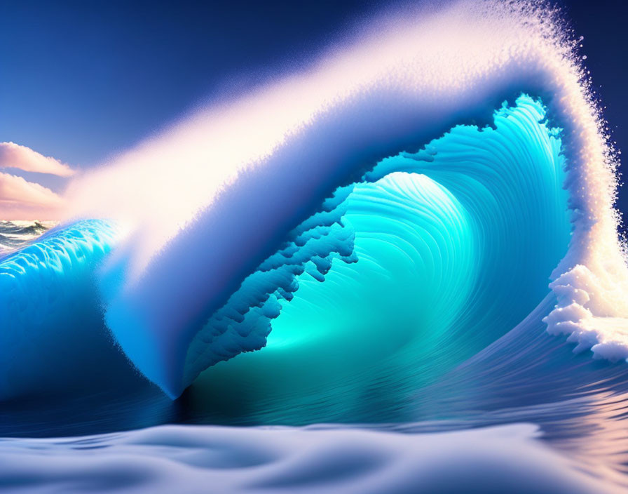 Digital artwork: Vibrant ocean wave with intricate patterns in surreal blue against sunset sky