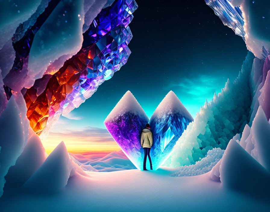 Vibrant sunset over colorful crystal formations in icy landscape