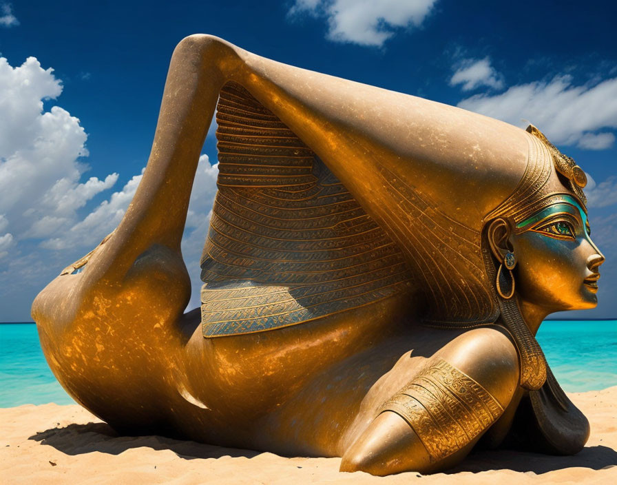 Golden Sphinx Sculpture with Human Head and Lion Body on Sandy Beach