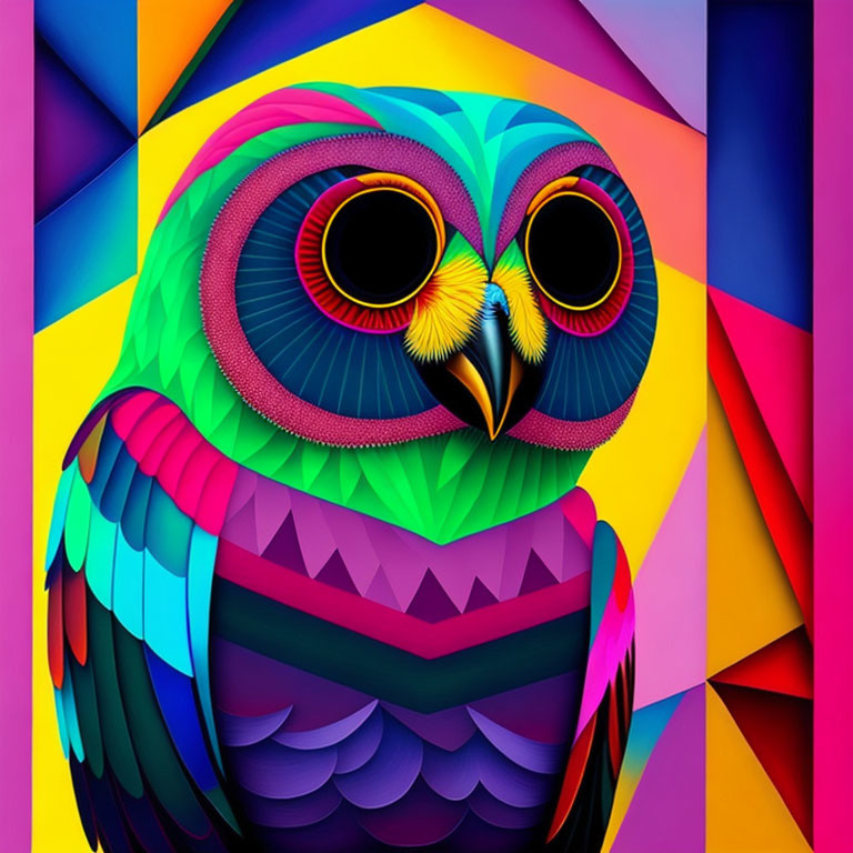 Colorful Geometric Owl Artwork with Spectrum Hues