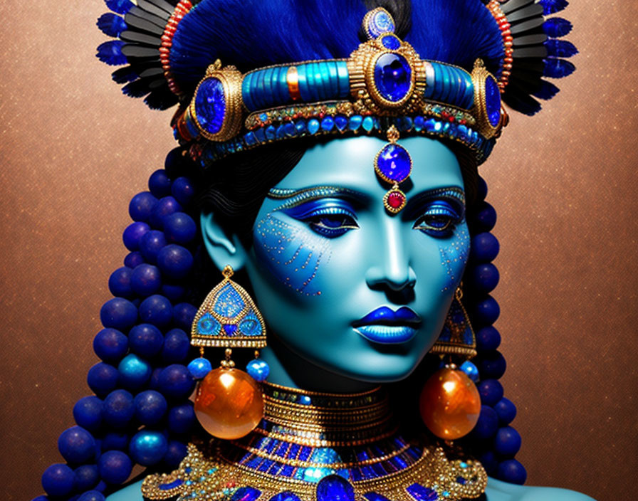 Blue-skinned figure in Egyptian attire on golden backdrop