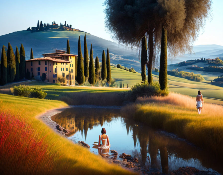 Tranquil rural landscape with pond, cypress trees, hills, and villa.