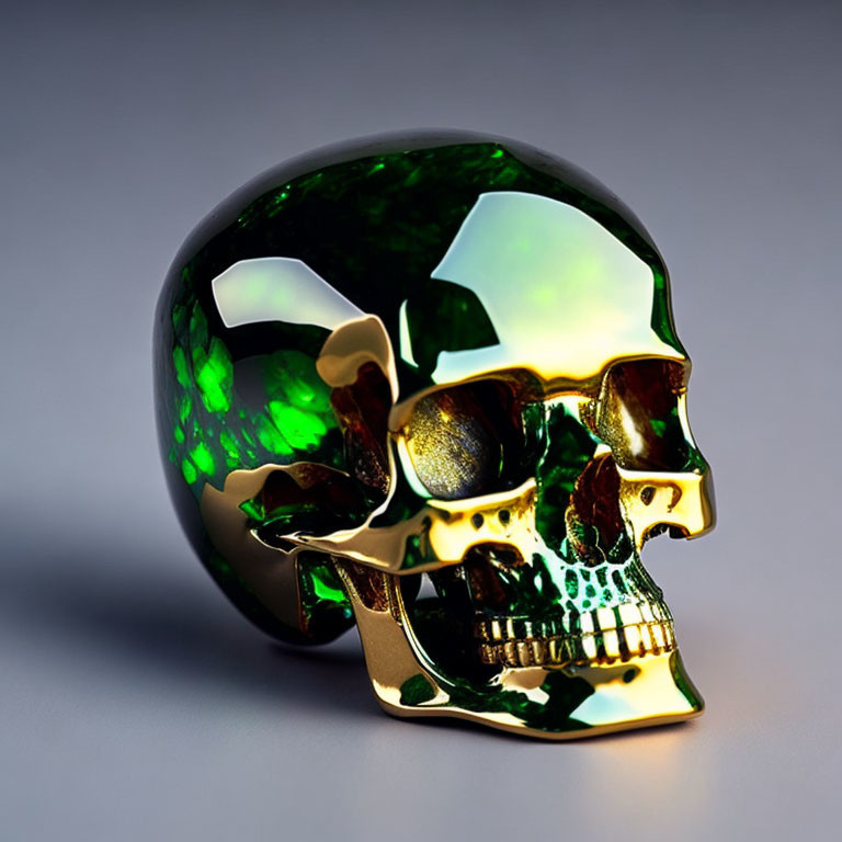 Emerald-Green Skull with Gold Details on Gray Gradient Background