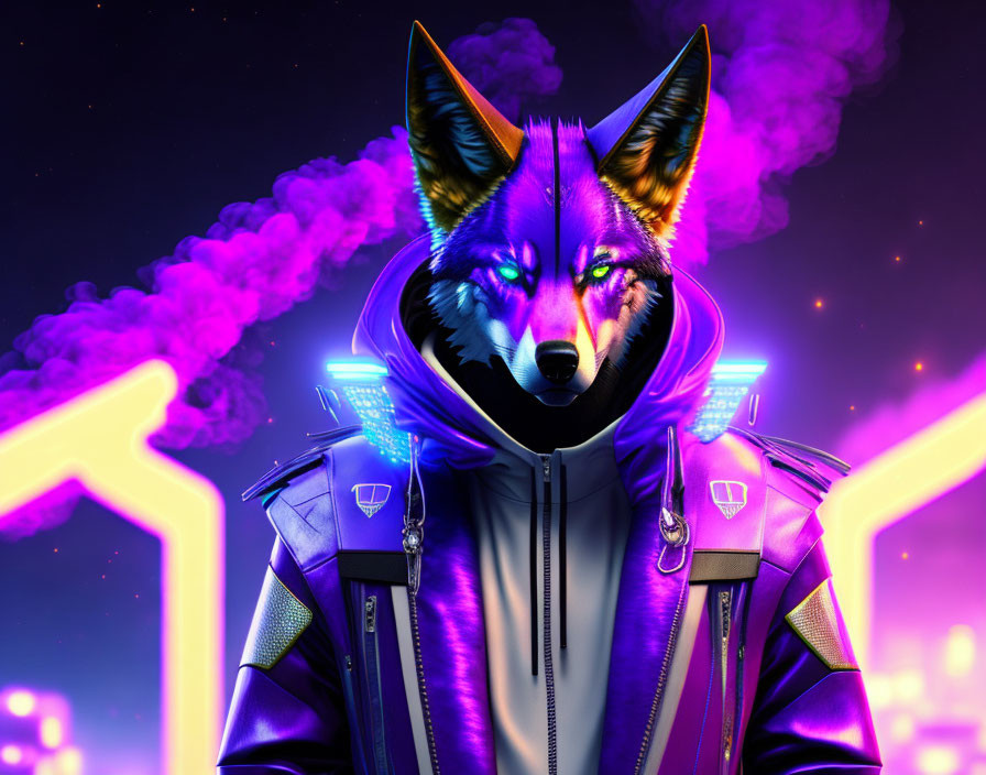 Colorful digital artwork: anthropomorphic fox in futuristic purple jacket, neon-lit cityscape.