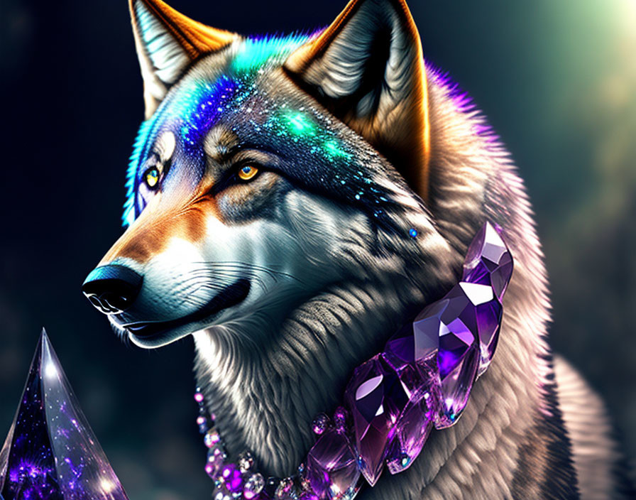 Colorful Cosmic Wolf with Crystalline Structures in Starry Sky