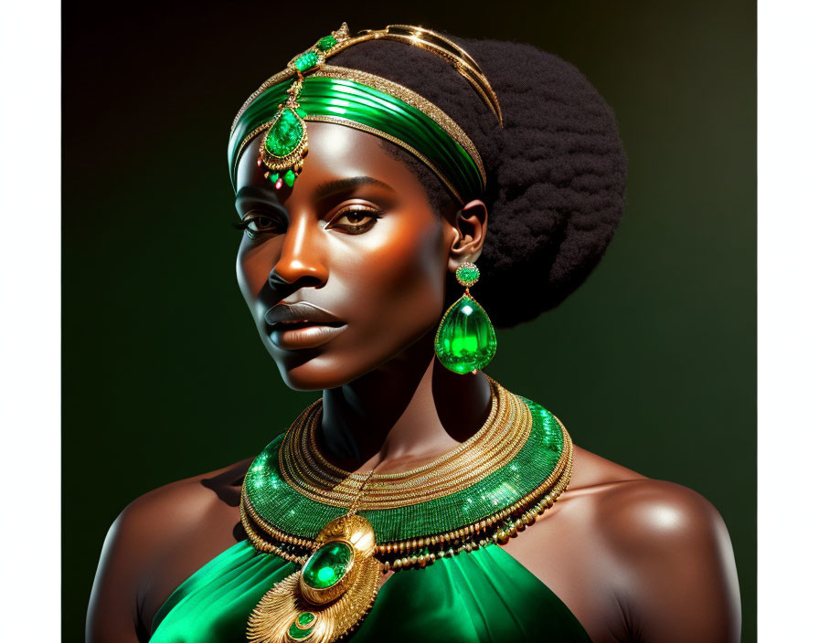 Woman in Green Jewelry and Regal Headpiece Exudes Elegance