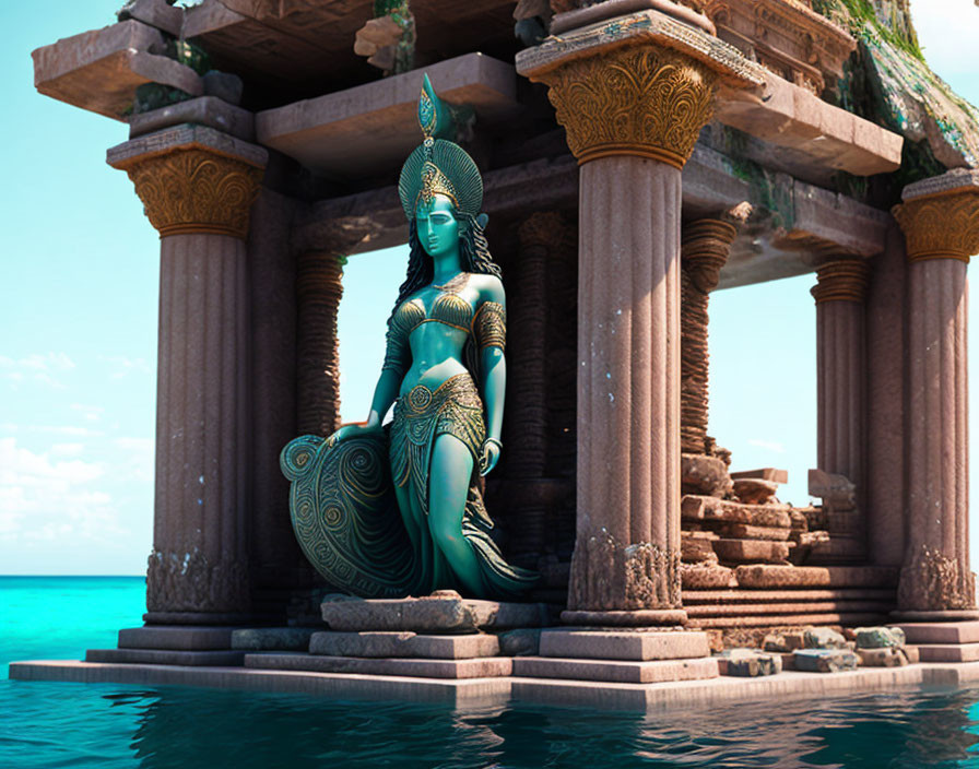 Azure-hued female figure statue with intricate patterns under ancient stone pavilion by the sea