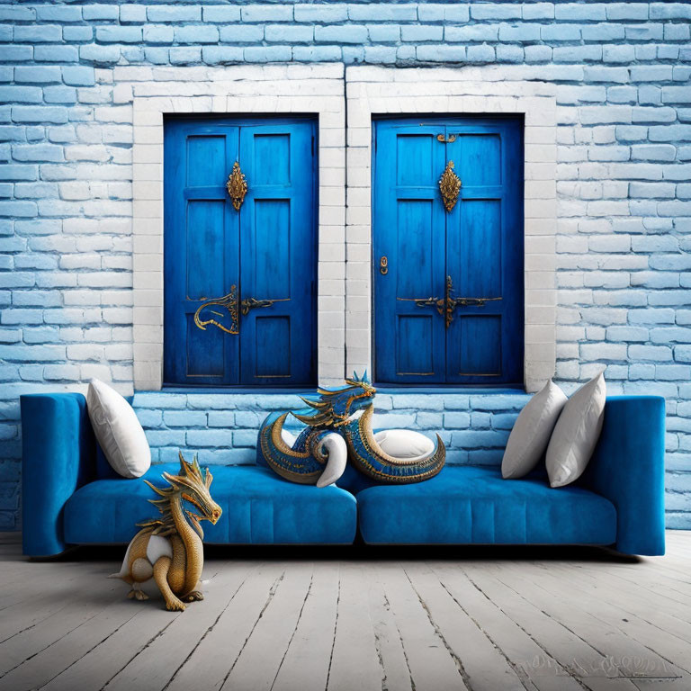 Vibrant room with blue brick wall, ornate doors, sofa, and dragon sculptures