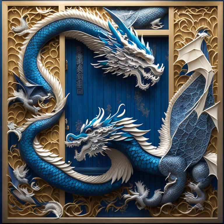 Intricate blue and white dragon on Japanese-style door