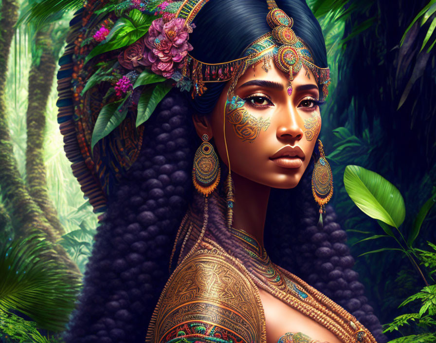 Detailed Illustration of Woman with Gold Jewelry, Tattoos, and Flowers in Jungle