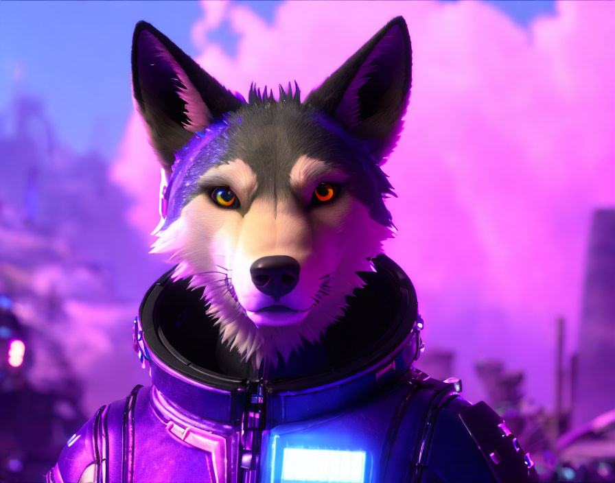 Anthropomorphic wolf in futuristic purple armor on pinkish-purple backdrop