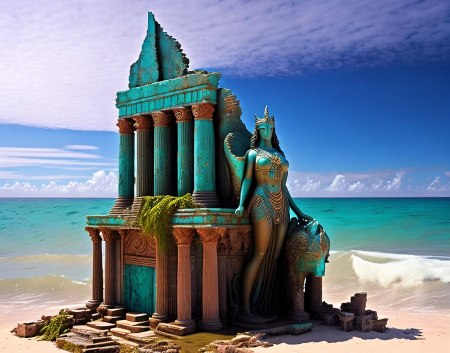 Ancient temple and goddess statue by the sea with clear blue sky