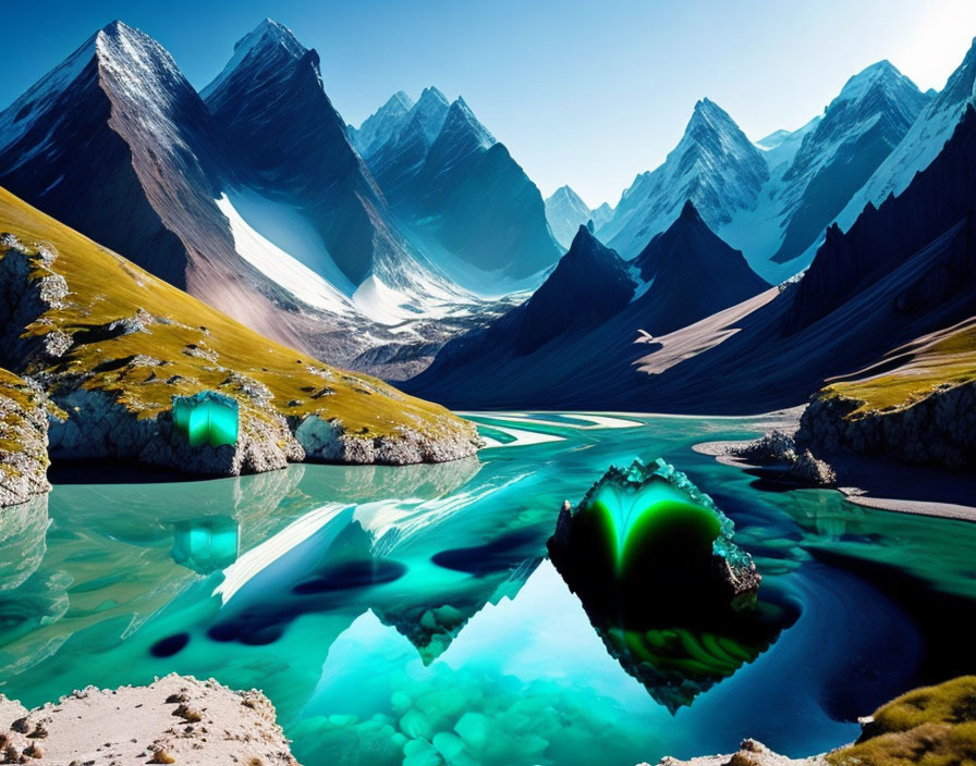 Colorful Landscape: Turquoise River, Mountain Range, Green Seashell Structure