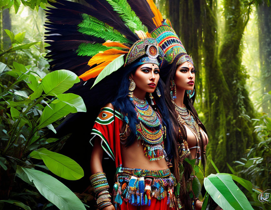 Two people in feathered headdresses and tribal clothing in lush forest