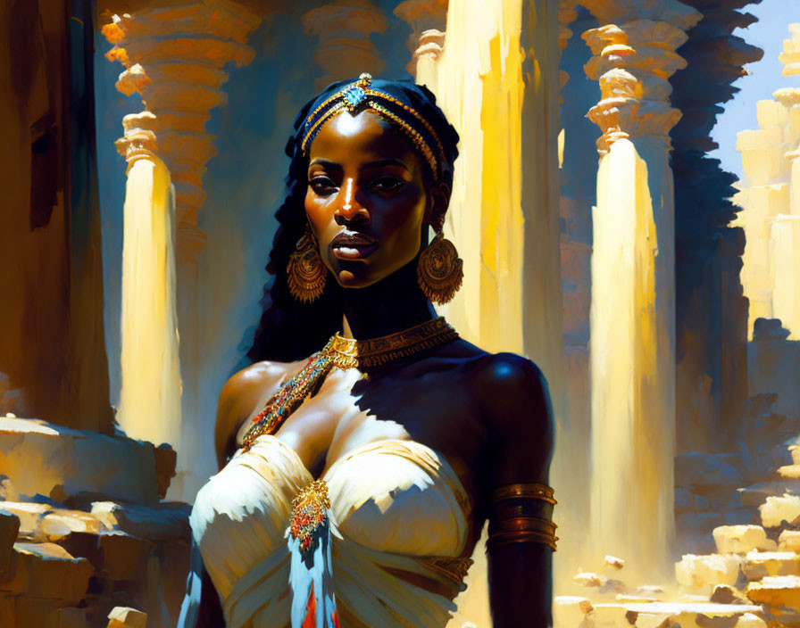 Regal woman portrait with jewelry in sunlit pillars