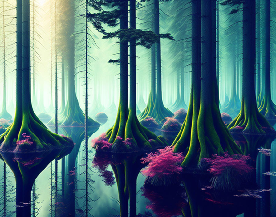 Vibrant purple flora and unique trees in serene forest setting