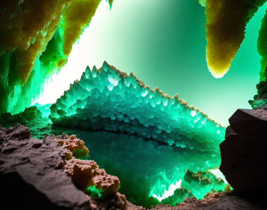 Intricate Crystalline Structures in Cave with Green Glow