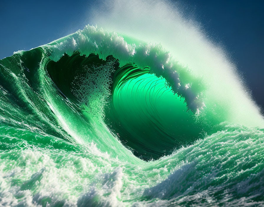 Vibrant Green Wave Against Blue Sky with White Foam