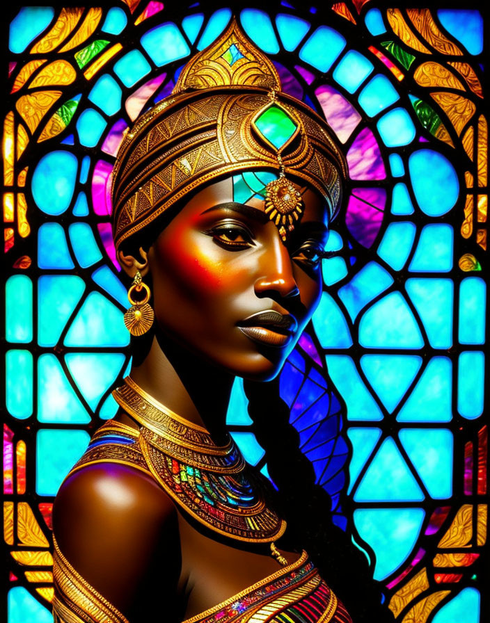 Regal jewelry-clad woman posing against vibrant stained-glass backdrop