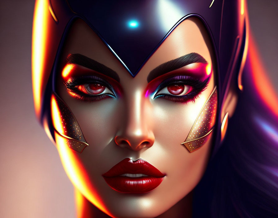 Futuristic female digital portrait with vibrant eyes and metallic accents