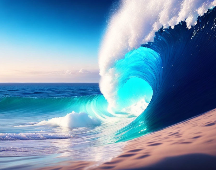 Large Curling Blue Wave Breaking on Sandy Beach with Clear Sky