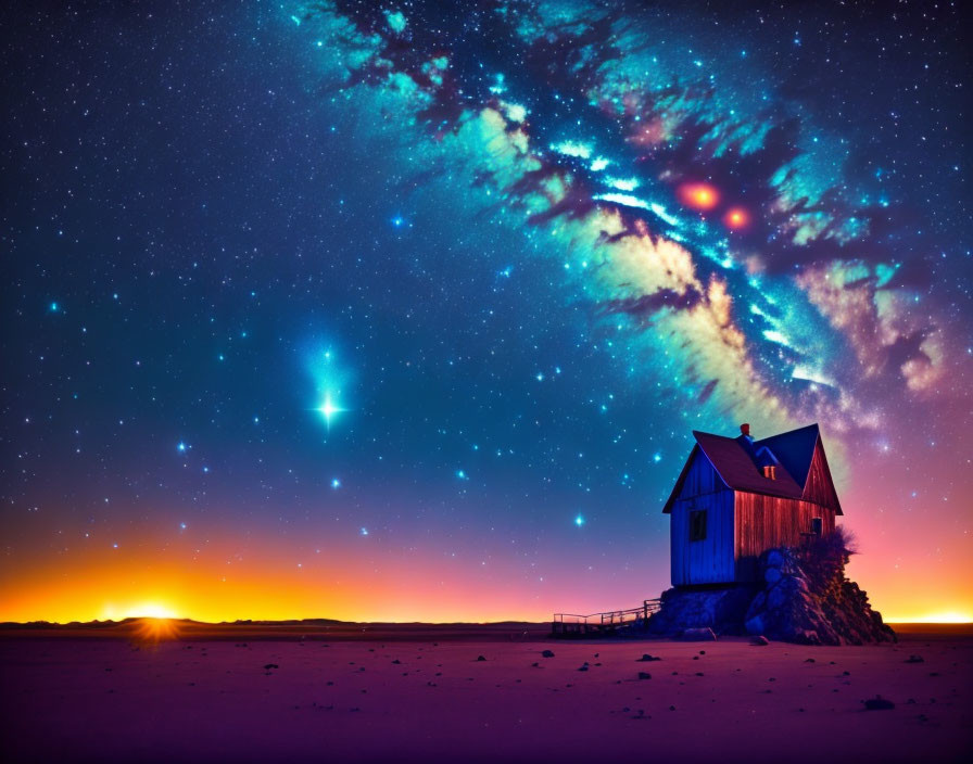 Starry night sky over lone house at sunset