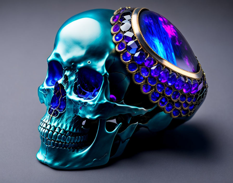 Metallic skull with purple gem and embellishments on dark background