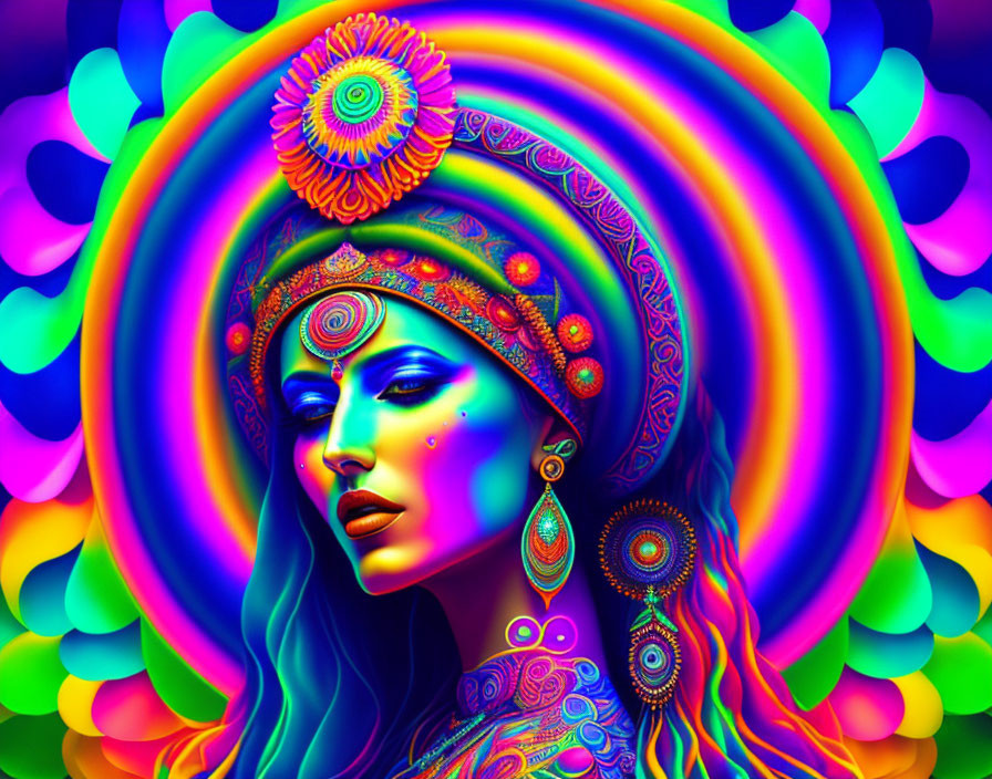 Colorful illustration of woman with intricate headwear and psychedelic patterns