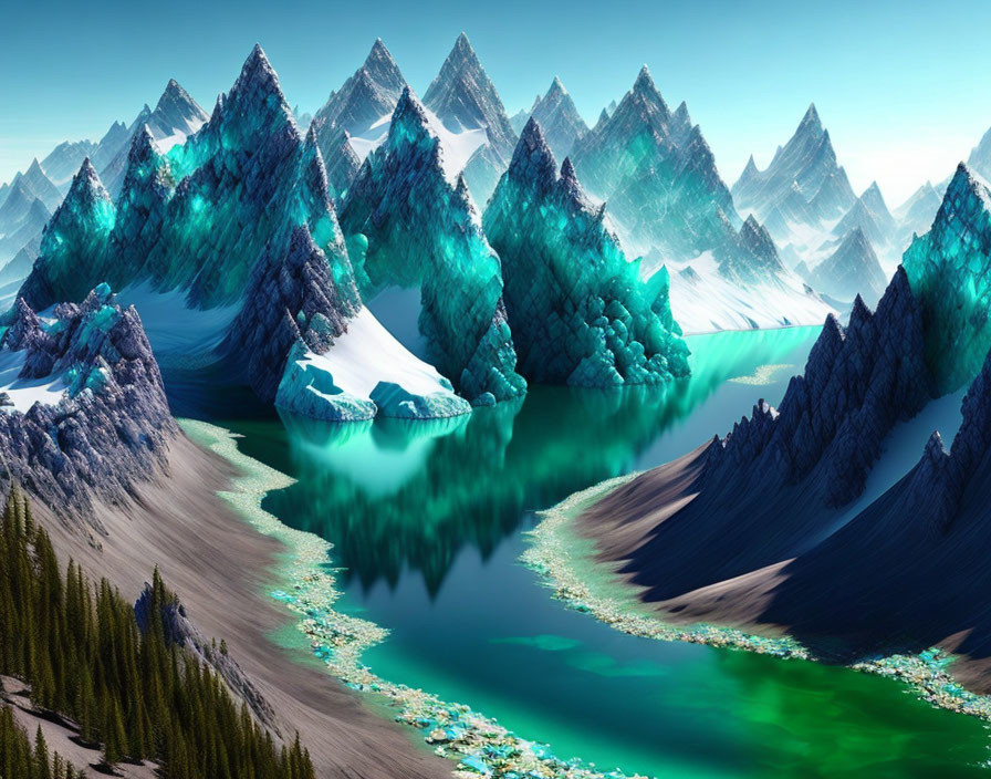 Tranquil digital art: Turquoise lake, snowy peaks, forest, blue sky