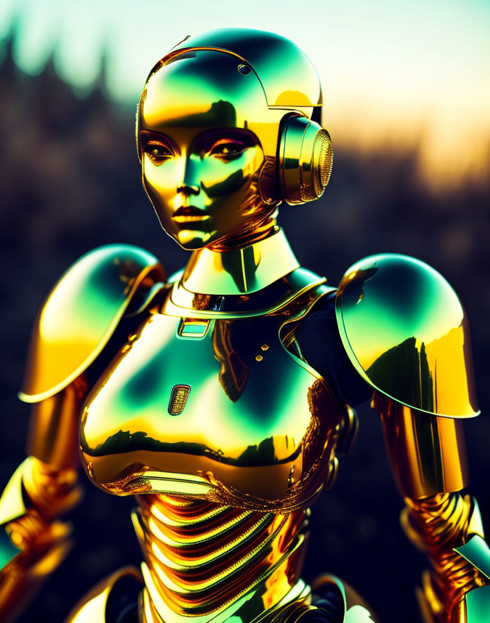 Golden humanoid robot with detailed features on blurred natural background