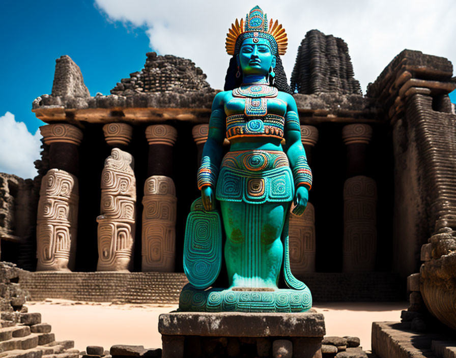 Intricate blue statue at ancient temple ruins under blue sky