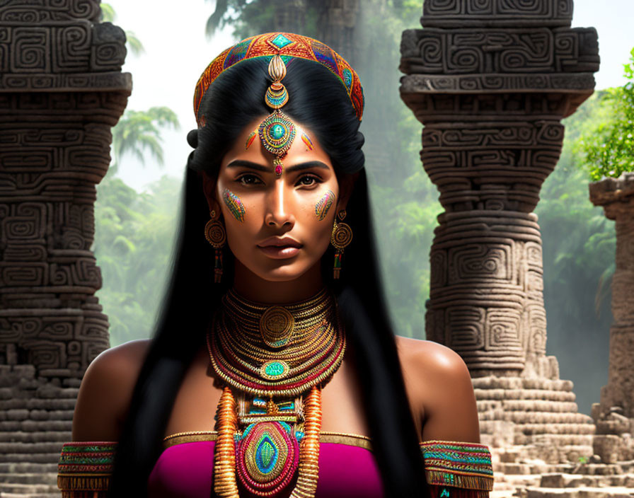 3D-rendered image of woman with ornate headdress in front of ancient temple ruins