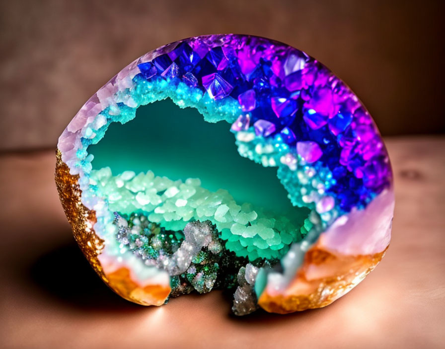 Vibrant purple amethyst crystals in a geode with white quartz in circular pattern