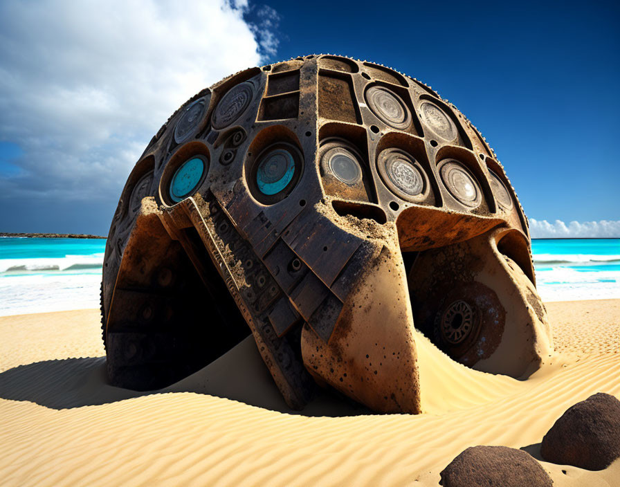 Abandoned futuristic vehicle in desert sand under blue sky