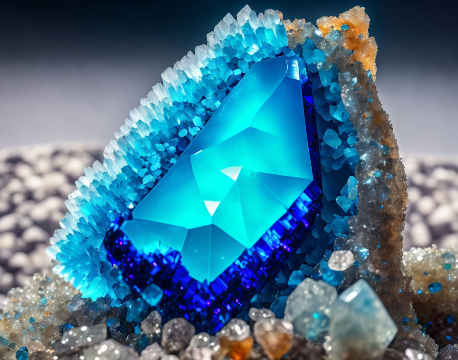 Blue Crystal with Gradient and Surrounding Crystals on Blurred Background