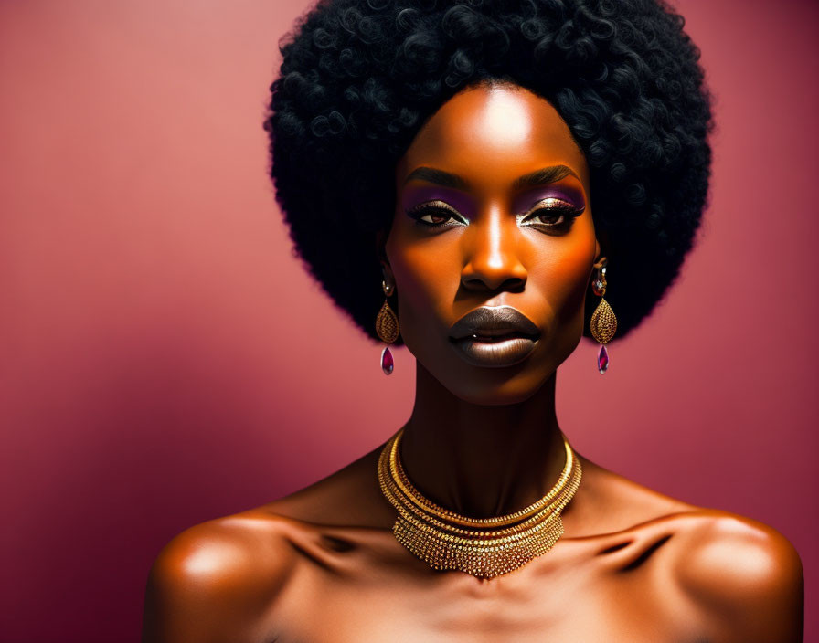 Woman with Striking Makeup and Afro Hairstyle on Pink Background