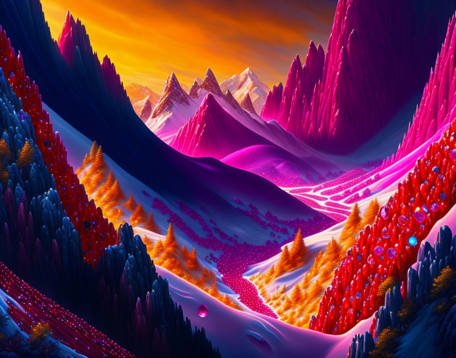 Colorful Fantasy Landscape with Glowing Flora and Majestic Mountains