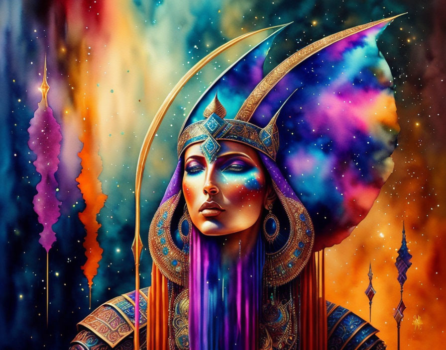 Illustration of woman in Egyptian-style attire against cosmic backdrop