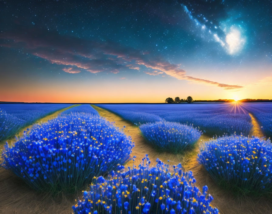 Tranquil lavender fields under starry sky with sunset horizon