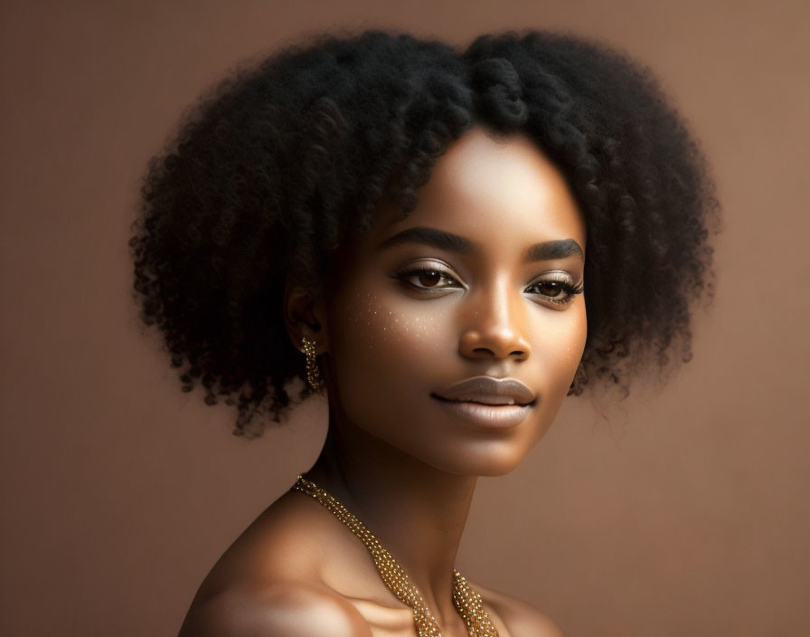 Woman with Natural Curly Hair and Gold Necklace on Brown Background