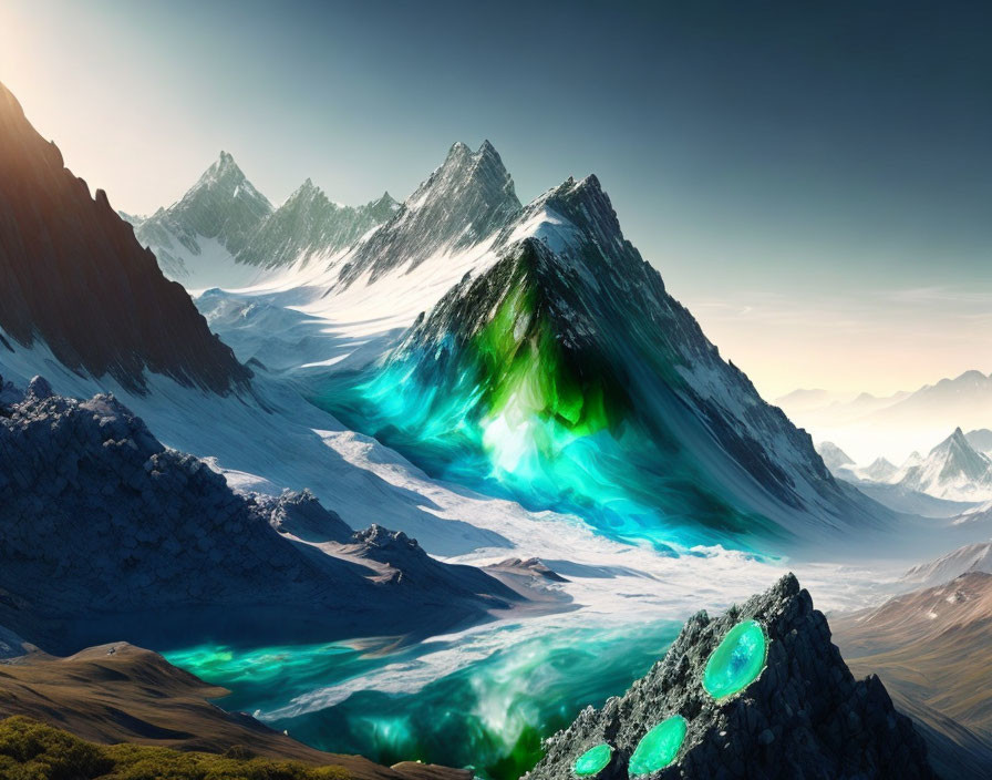 Vibrant green aurora over snow-capped mountain in surreal landscape