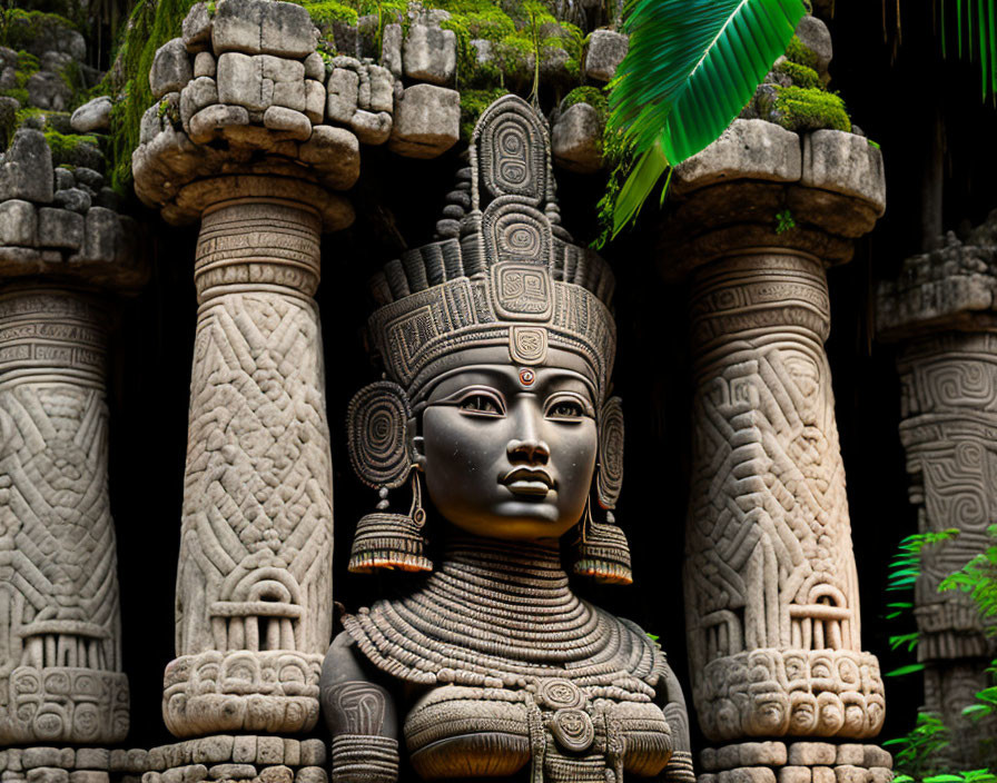 Intricate Stone Sculpture of Woman in Traditional Attire among Old Stone Columns