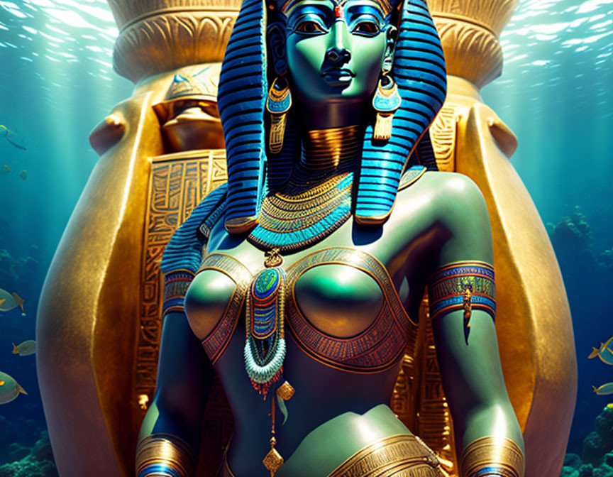 Digital artwork: Egyptian queen underwater with fish and illuminated artifact