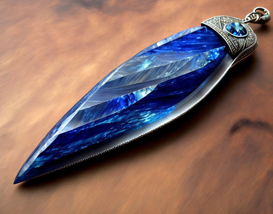 Blue Crystal Blade Knife with Silver Handle on Wooden Surface