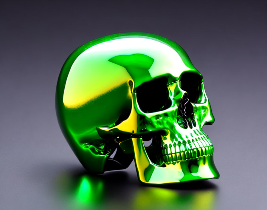 Reflective Green and Black Skull on Gray Background