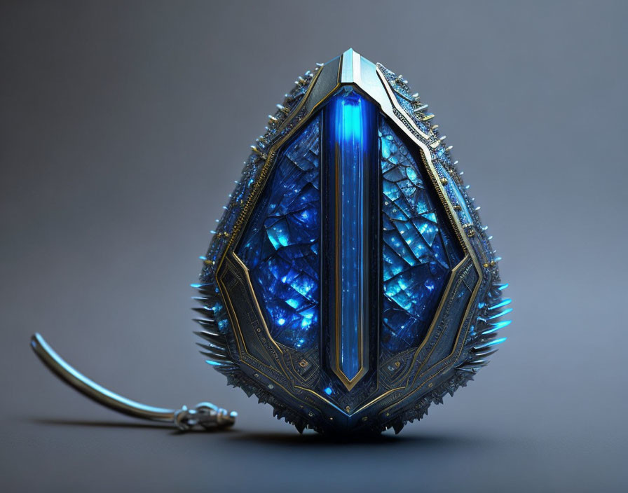 Fantastical 3D Rendered Shield with Spikes and Blue Crystal Center